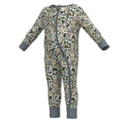 A long-sleeve baby footless one-piece jumpsuit with an all-over camouflage pattern in beige, green, brown, and gray, featuring a gray snap closure down the front and gray cuffs and ankle cuffs, shown on a plain white background.