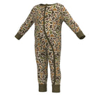 A long-sleeve one-piece baby jumpsuit with an all-over camouflage pattern in olive green, brown, tan, and cream, featuring solid olive green cuffs and a front zipper.