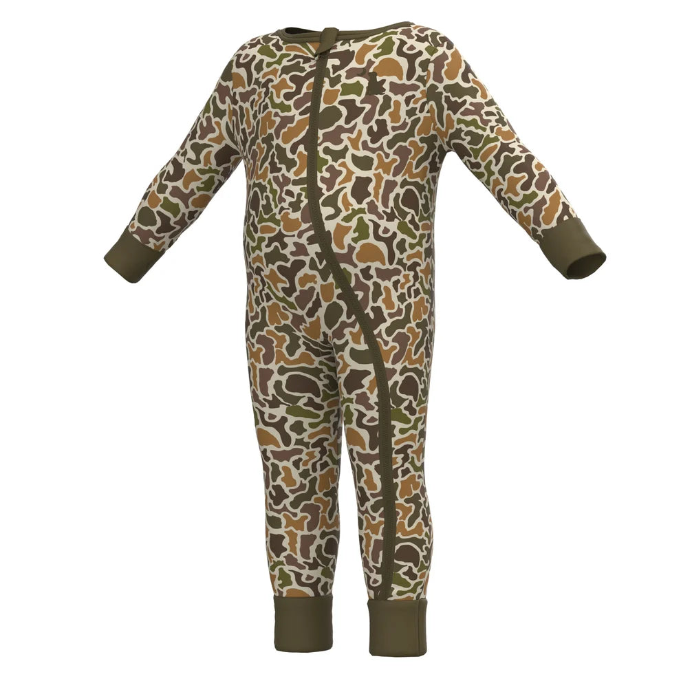 A long-sleeve one-piece baby jumpsuit with an all-over camouflage pattern in olive green, brown, tan, and cream, featuring solid olive green cuffs and a front zipper.