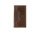 3D men's brown rodeo wallet, front with tooled floral leather and longhorn overlay