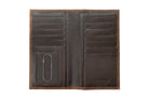 3D men's brown rodeo wallet, open showing card slots, bill section and ID window