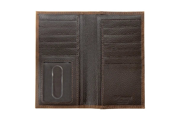 3D men's brown rodeo wallet, open showing card slots, bill section and ID window