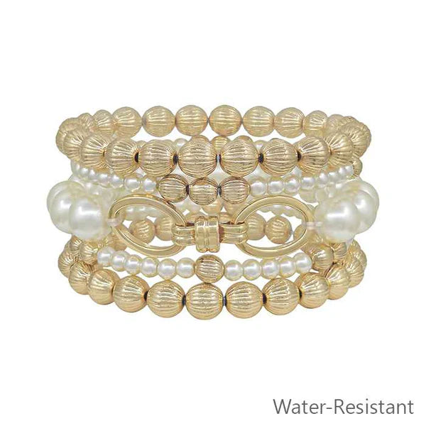 Water Resistant Set of 5 Gold Pearl Textured Stretch Bracelets