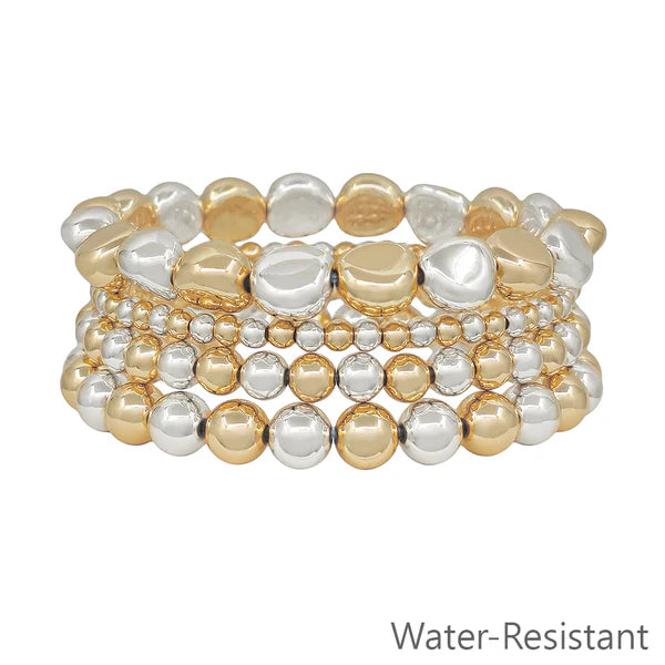 Water Resistant Gold Silver Beaded Set of 4 Stretch Bracelets