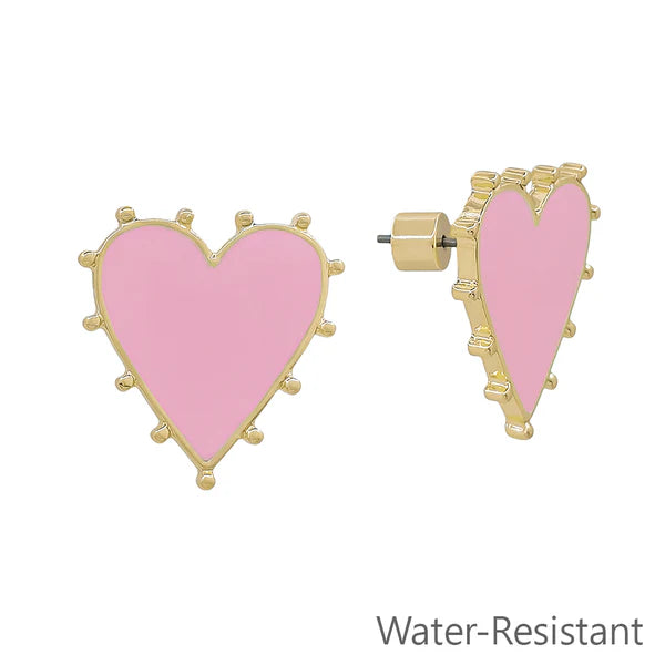 Water Resistant Studded .75" Heart Earring -2 Colors