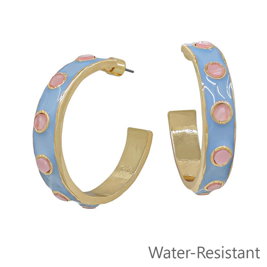 Water Resistant Light Blue Pink 2" Hoop Earring