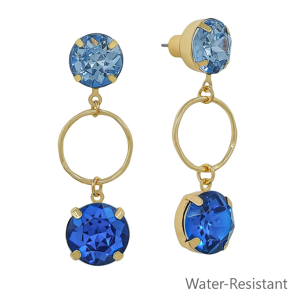 Water Resistant Blue Crystal with Gold Open Circle 2" Earring