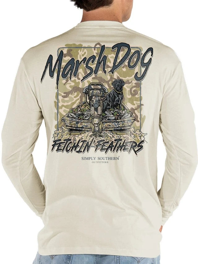 Back of the men's cream long sleeve tee with a Marsh Dog Fetchin' Feathers duck boat graphic