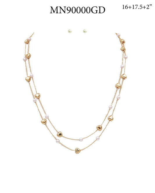 Gold Heart and Pearl Two Layered 16"-18" Necklace