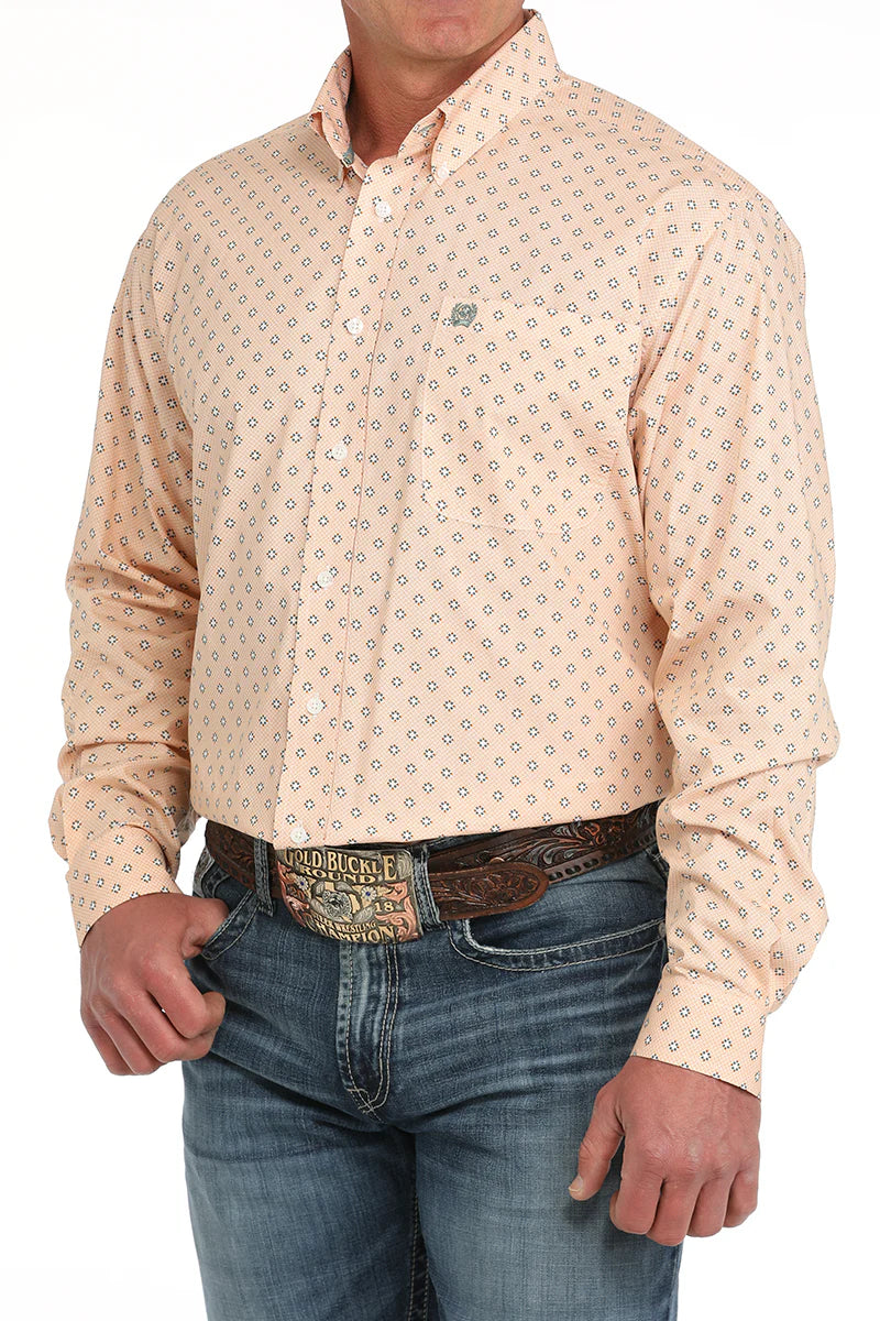 Cinch Men's Orange Print Button Down Long Sleeve Shirt