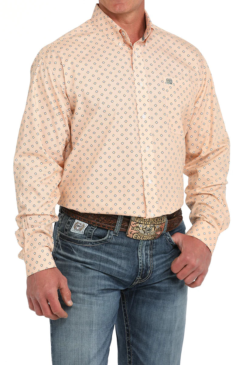 Cinch Men's Orange Print Button Down Long Sleeve Shirt