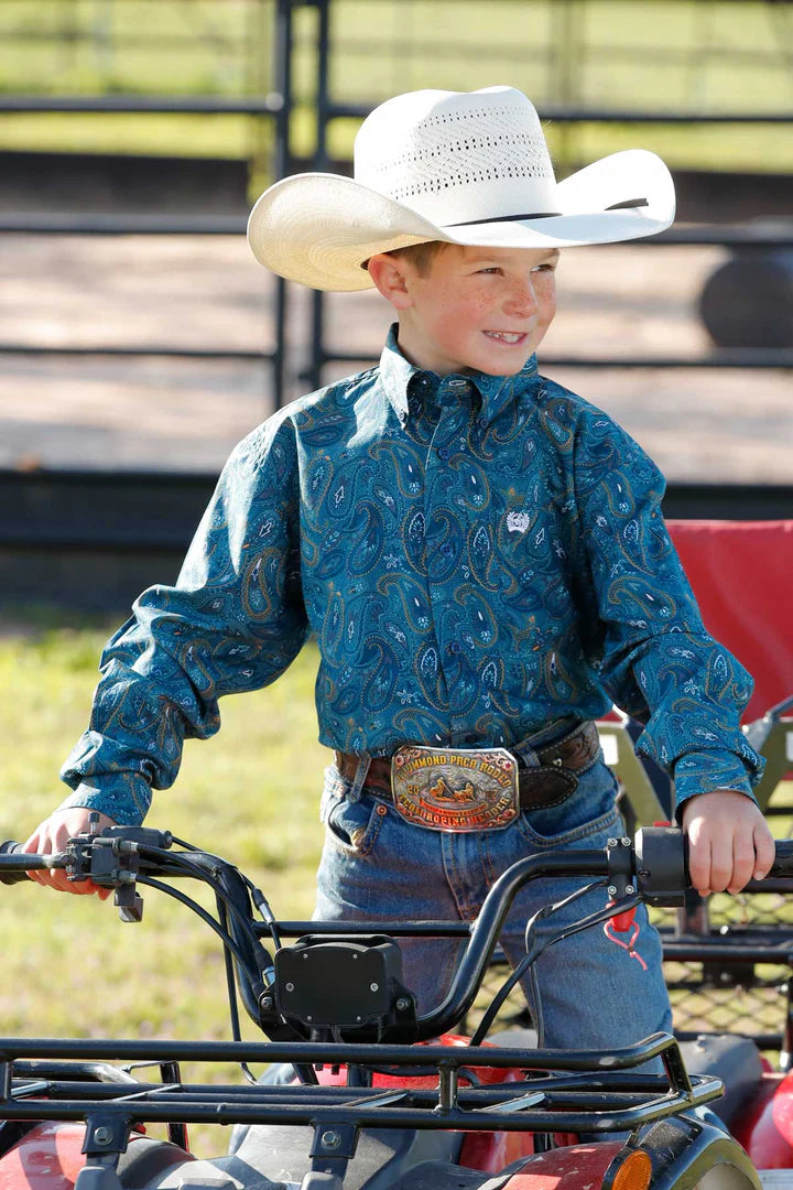 Cinch Boy's Blue Paisley Print Long Sleeve Button Up