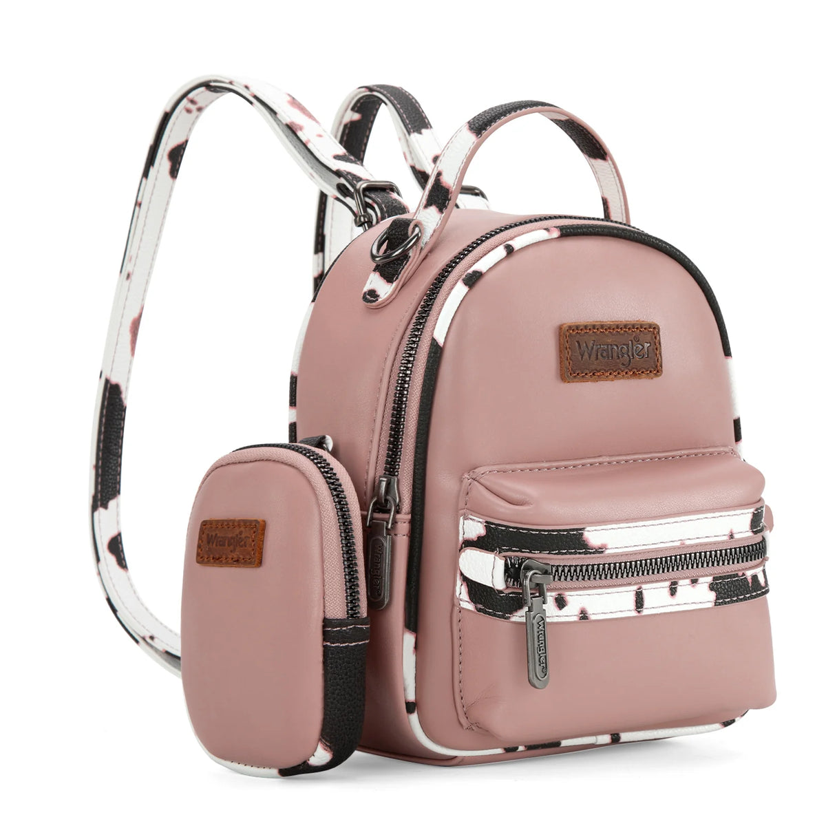 Wrangler Cow Print Trimmed Mini Backpack With Coin Pouch - Tan Mini WRANGLER cow backpack SET w/coin pouch – Southwest Bedazzle main image 4