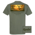 Riverbed Threads men's Buck Hunt tee in moss, back with deer sunset scene and Genesis 27:3 verse