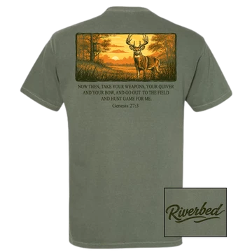 Riverbed Threads men's Buck Hunt tee in moss, back with deer sunset scene and Genesis 27:3 verse