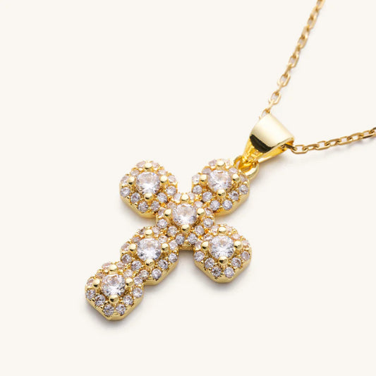 Water Resistant Gold Diamond Cross Adjustable Necklace