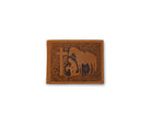 Brown leather wallet with horse and cross design on a white background