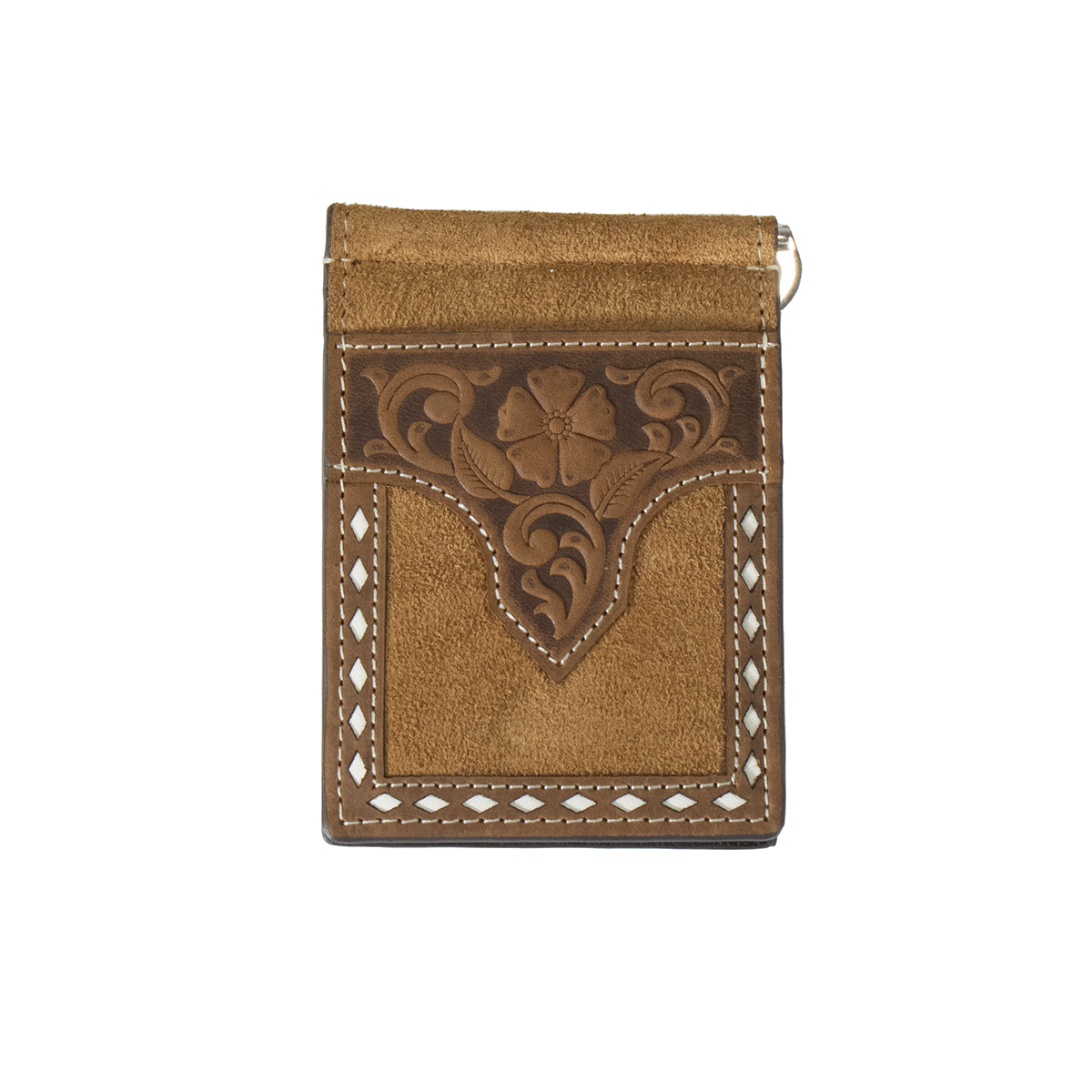 Nocona Money Clip Roughout Floral Tab White Bucklace Wallet