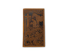 A brown tooled leather checkbook cover featuring embossed religious artwork of Jesus and the donkey.