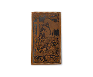 A brown tooled leather checkbook cover featuring embossed religious artwork of Jesus and the donkey.