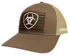 Ariat Flexfit 110 brown snap back hat, front with embossed flag patch and tan mesh back