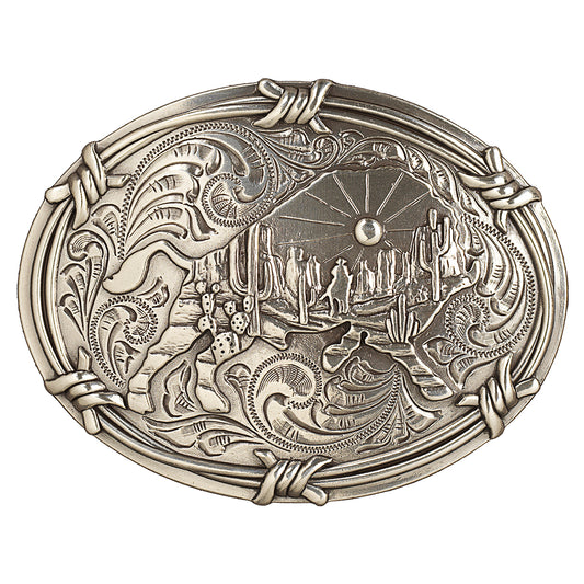 Oval Barbed Wire Buffalo Antique Silver Belt Buckle