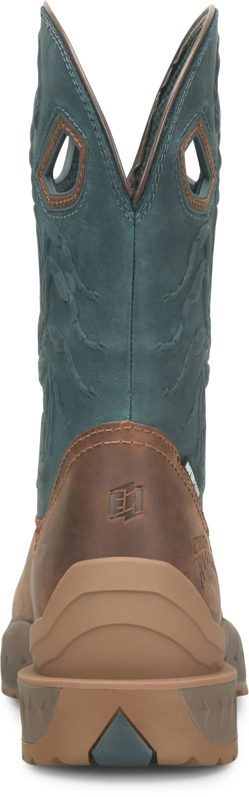 A close-up rear view of a western-style boot with a teal blue-green shaft, brown leather detailing, and a tan sole.