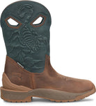 Brown and green cowboy boot with scorpion design on a white background