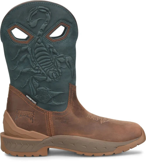 Brown and green cowboy boot with scorpion design on a white background