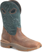 A single western boot shown in a three-quarter view on a plain white background. The boot has a distressed brown leather lower section and a muted teal-blue leather shaft with an embossed scorpion design and cutout details.