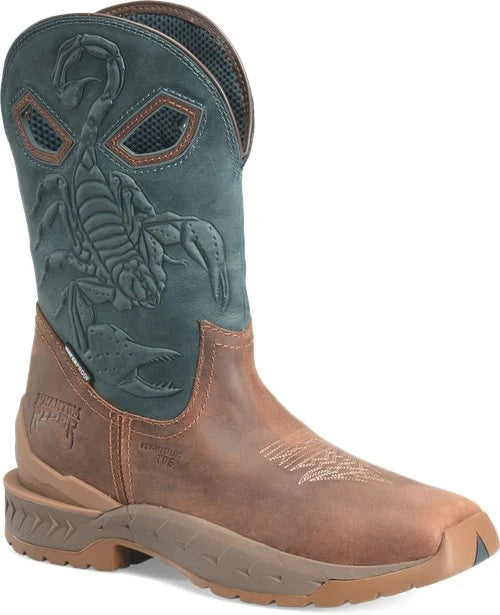 A single western boot shown in a three-quarter view on a plain white background. The boot has a distressed brown leather lower section and a muted teal-blue leather shaft with an embossed scorpion design and cutout details.
