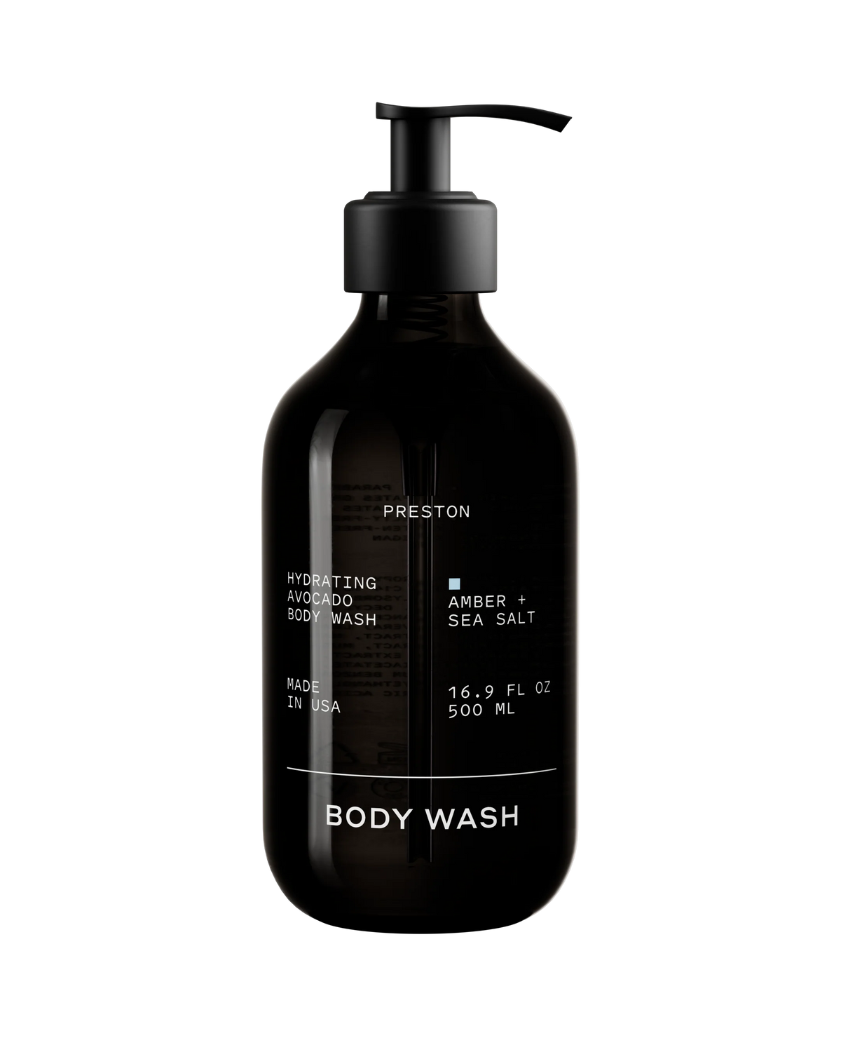 Preston Amber & Sea Salt moisturizing body wash bottle shown on a black background