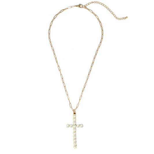 Gold Pearl Cross Pendant 16"-18" Necklace