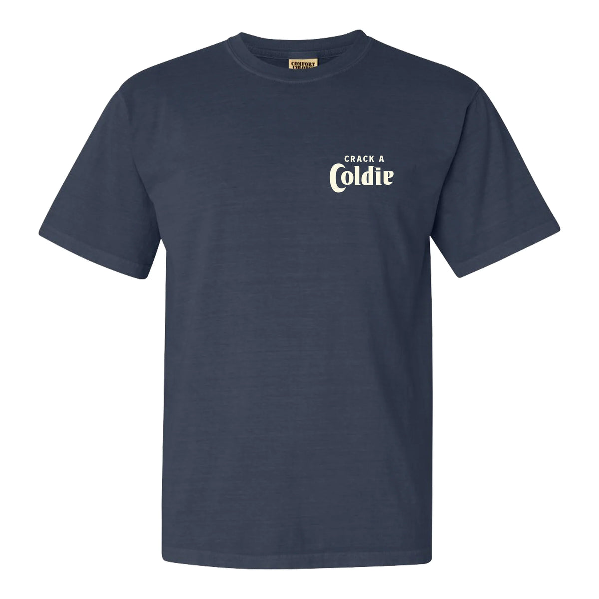 A navy blue short-sleeve t-shirt shown in the front. "crack a coldie" on front right chest