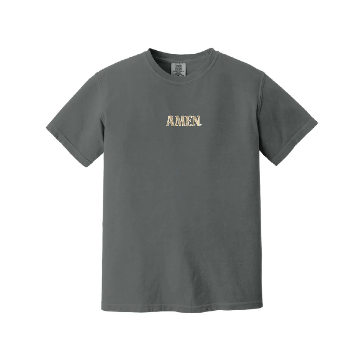 A dark gray crewneck t-shirt with the word 'AMEN.' printed in a textured gold font on the center chest, displayed against a solid white background.