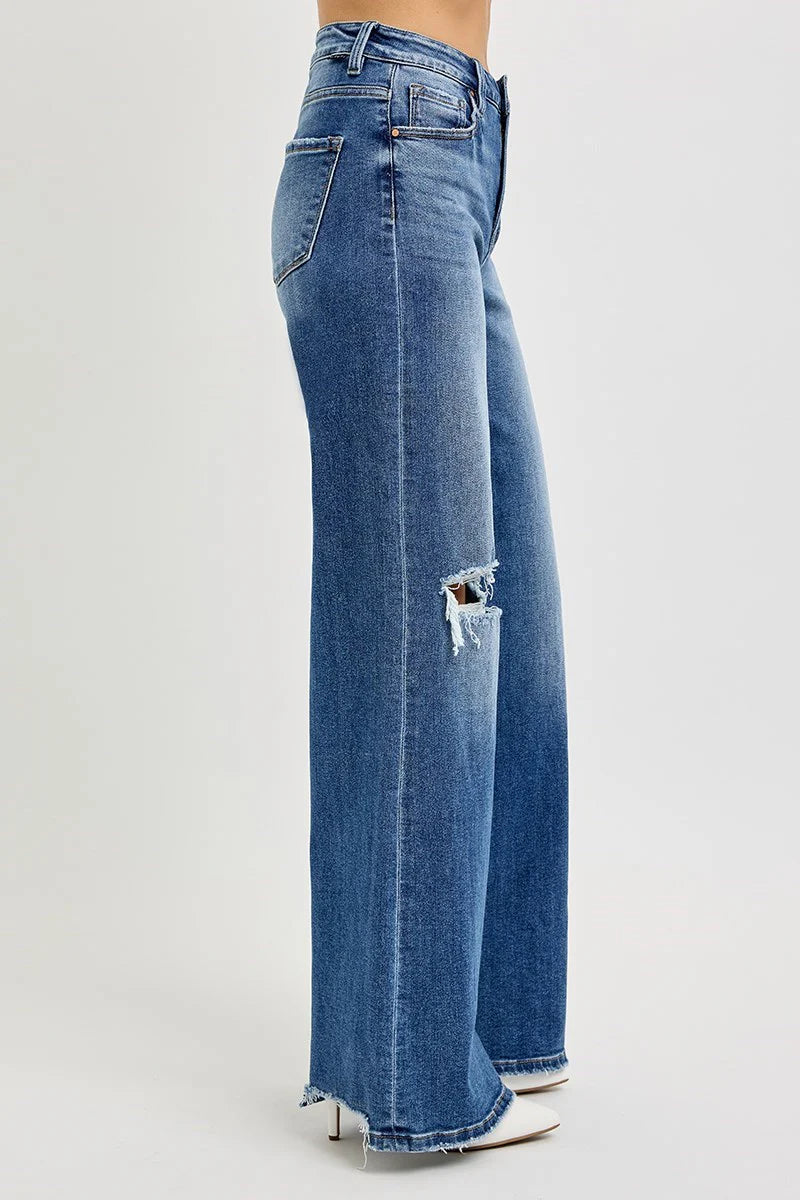 Risen High Rise Wide Leg Tummy Control Dark Blue Jeans