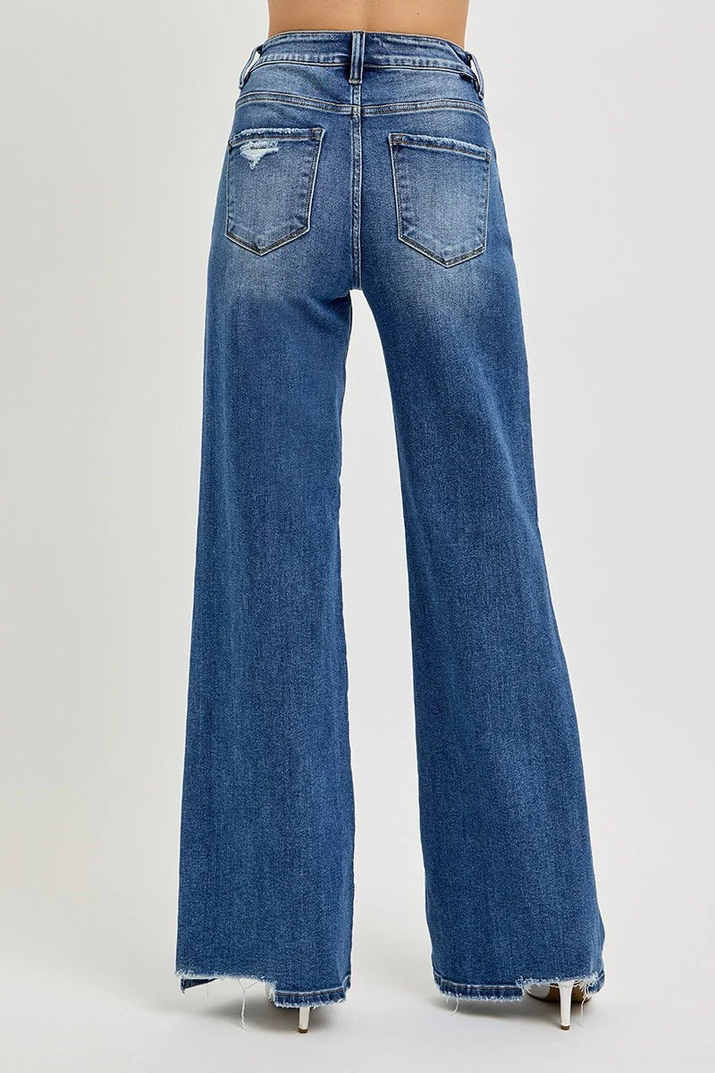 Risen High Rise Wide Leg Tummy Control Dark Blue Jeans