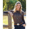 Cinch Womens Brown Ribbed Floral Print Mock Neck Mesh Top