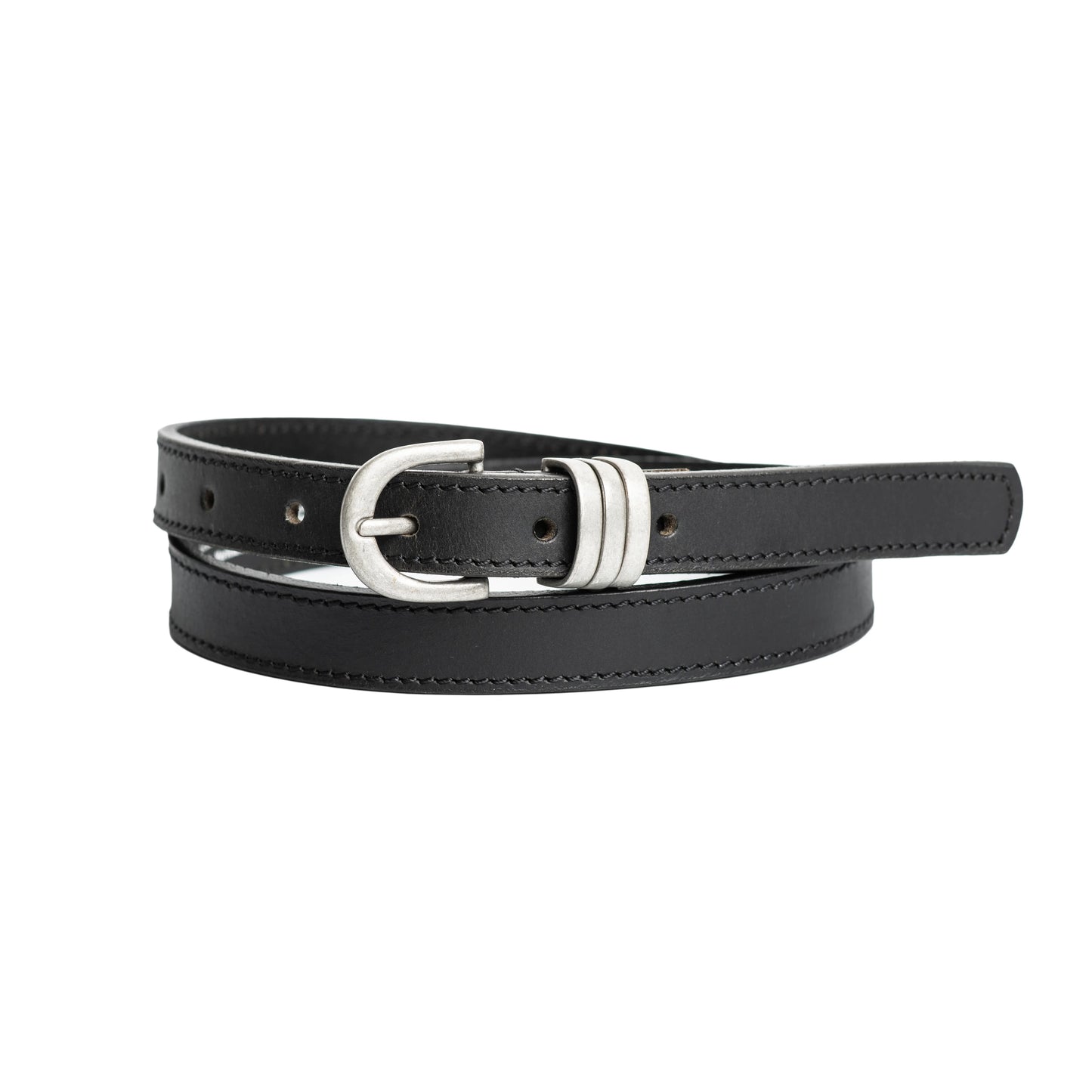 Silver Genuine Leather Black Belt With Antique Nickel Finish Buckle
