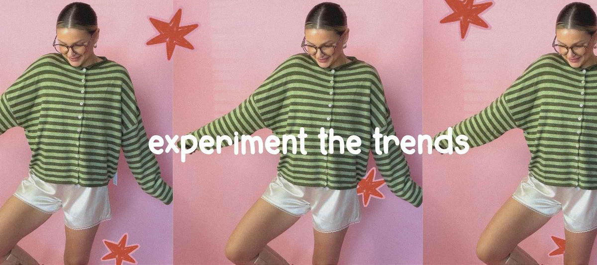 experiment the trends quote with image of girl wearing green stripe sweater and white lace shorts