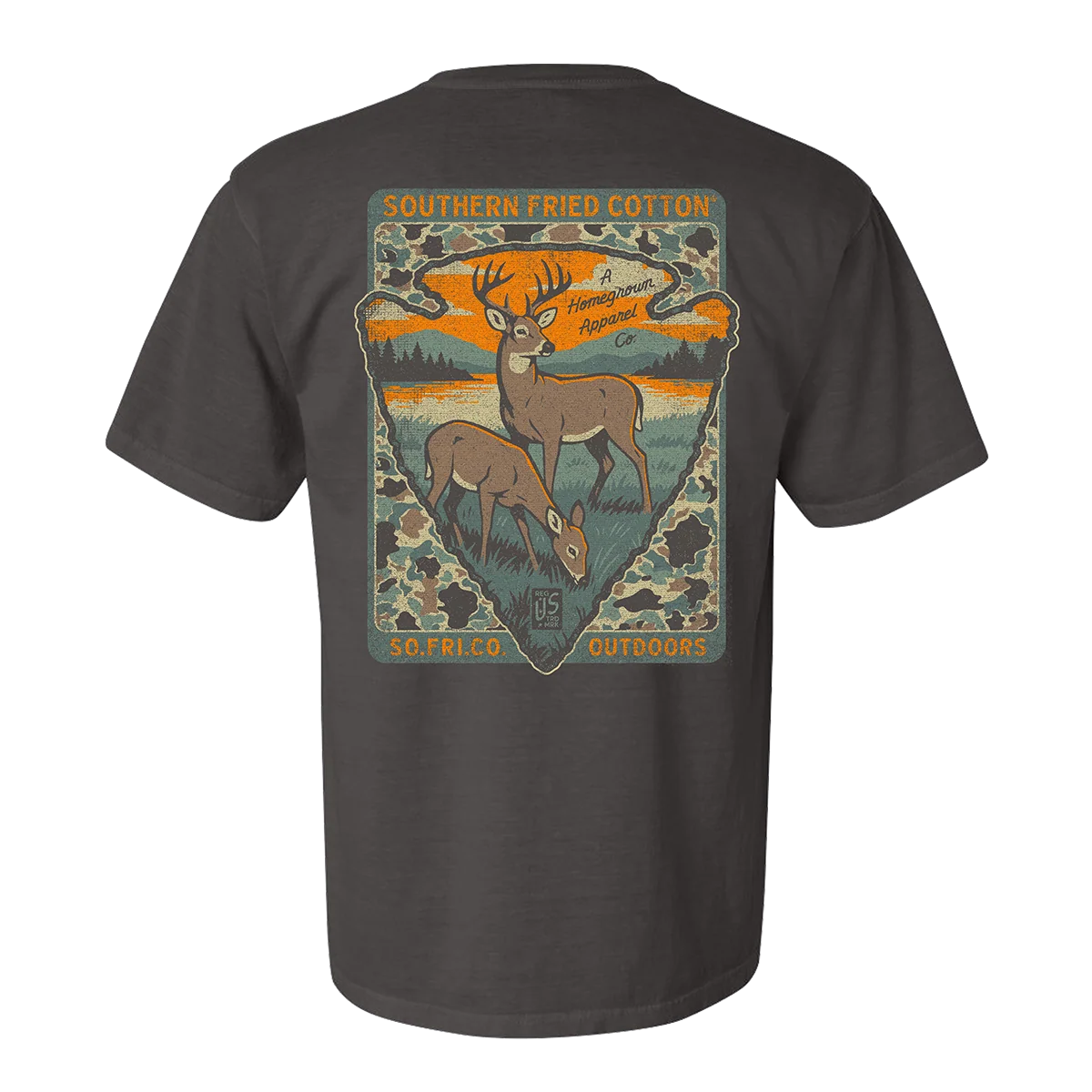 A dark charcoal gray t-shirt shown from the back, featuring a large graphic print of two deer in a forest landscape with orange and green tones and the text 'SOUTHERN FRIED COTTON' and 'so.fric.co OUTDOORS'.