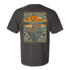 A dark charcoal gray t-shirt shown from the back, featuring a large graphic print of two deer in a forest landscape with orange and green tones and the text 'SOUTHERN FRIED COTTON' and 'so.fric.co OUTDOORS'.
