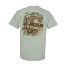 A sage green short-sleeve t-shirt shown from the back, featuring a large vintage-style graphic print with illustrations of a dog, along with text reading 'Southern Fried Cotton' and 'Raise 'Em Up Right'.