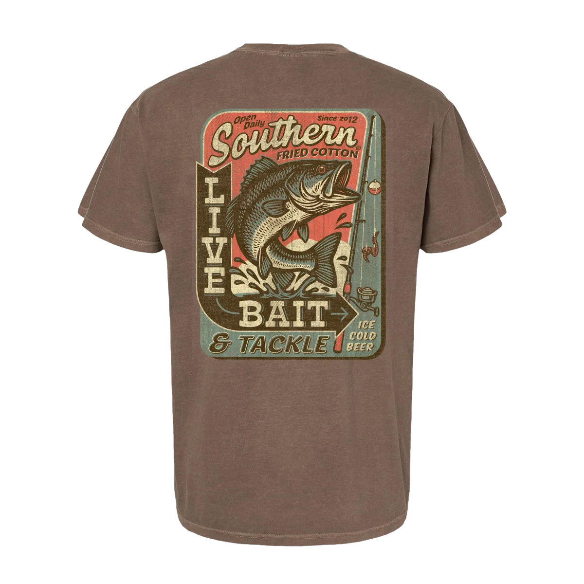 A brown short-sleeve t-shirt shown from the back, featuring a large vintage-style graphic print of a fish and the text 'Southern Fried Cotton' and 'LIVE BAIT & TACKLE'.
