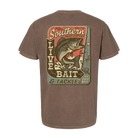 A brown short-sleeve t-shirt shown from the back, featuring a large vintage-style graphic print of a fish and the text 'Southern Fried Cotton' and 'LIVE BAIT & TACKLE'.