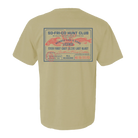 A beige short-sleeve t-shirt shown from the back, featuring a large vintage-style fishing license graphic printed in blue and red on the center back.