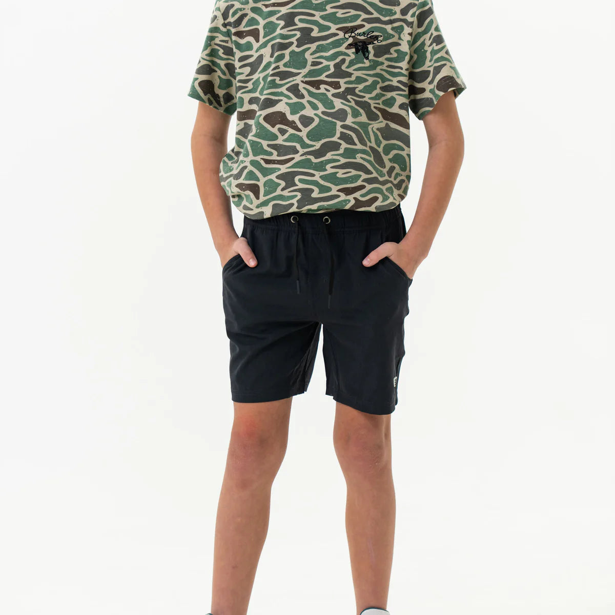Burlebo Youth Heather Black Athletic Short With Retro Duck Camo Liner