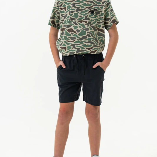 Burlebo Youth Heather Black Athletic Short With Retro Duck Camo Liner
