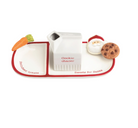 Set of Christmas-themed cookie tray with Santa, carrot, and cookies on a white background