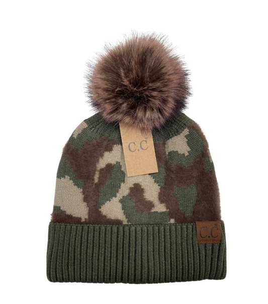 Abstract Camo Print Pom C.C Beanie  -Olive Green